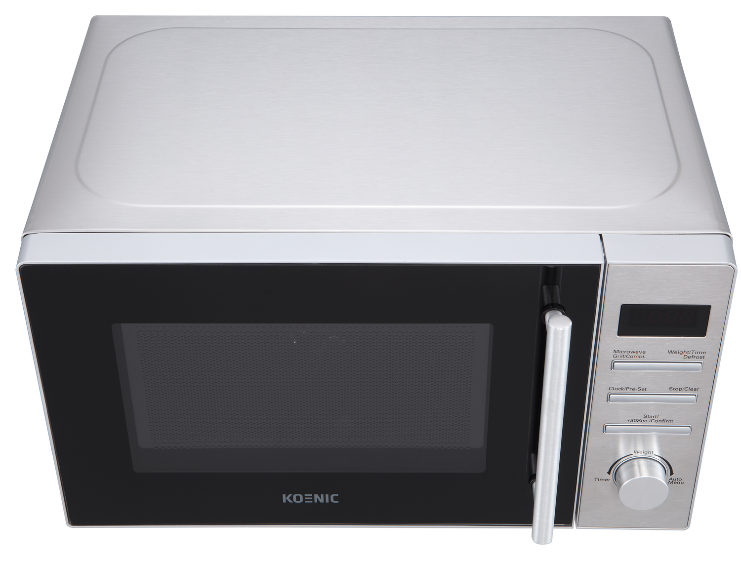 Vista superior de un microondas plateado, puerta negra, panel de control y la marca KOENIC.