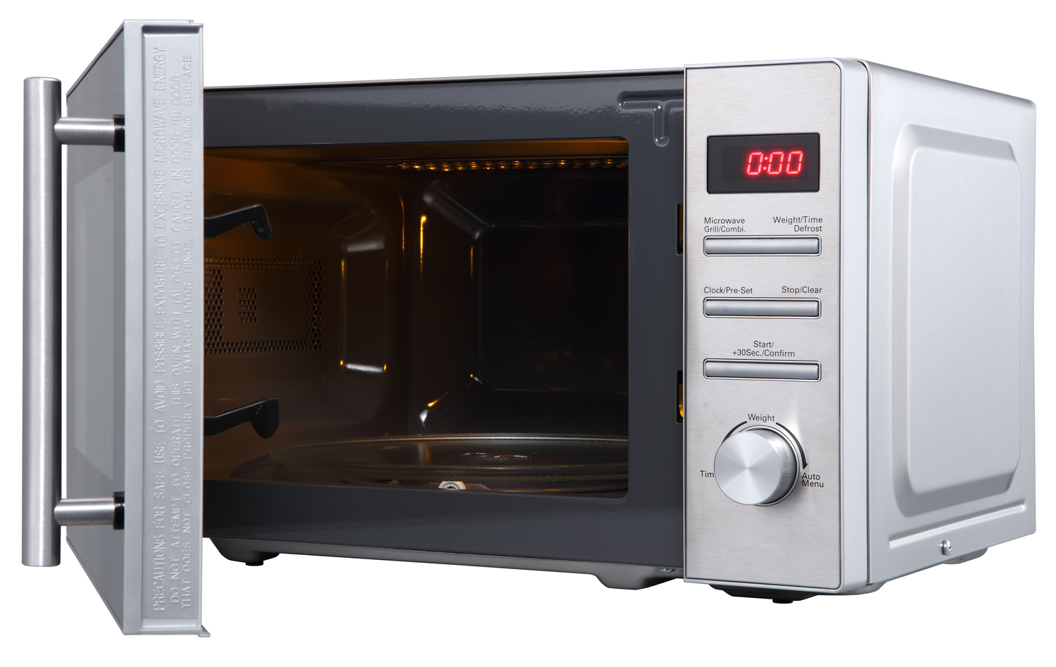 Un horno de microondas con la puerta abierta. Es plateado con una pantalla digital.