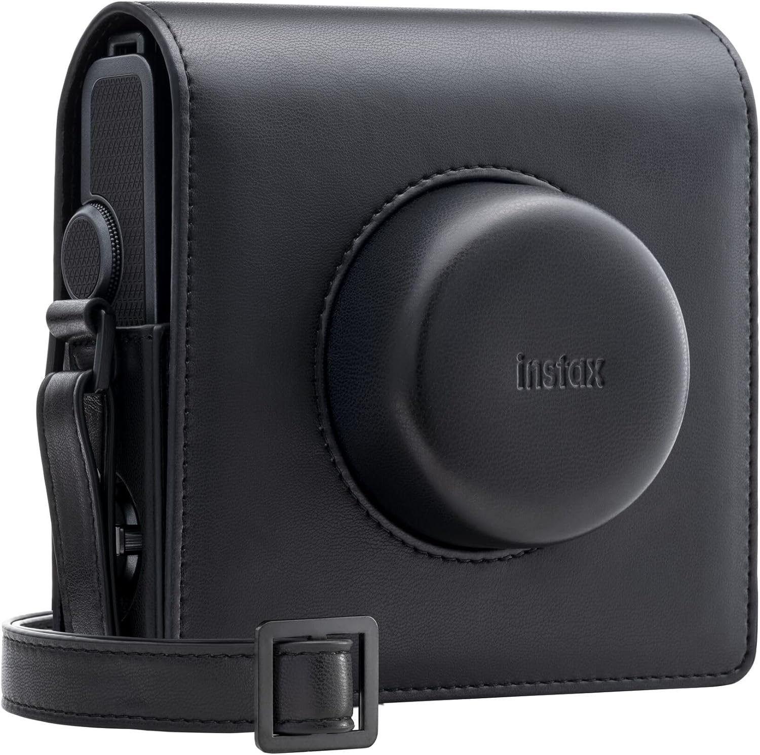 Funda de cuero negra con logo Instax, correa y hebilla negra.
