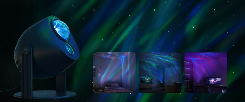 Projektor z projekcją zorzy polarnej na ścianach.