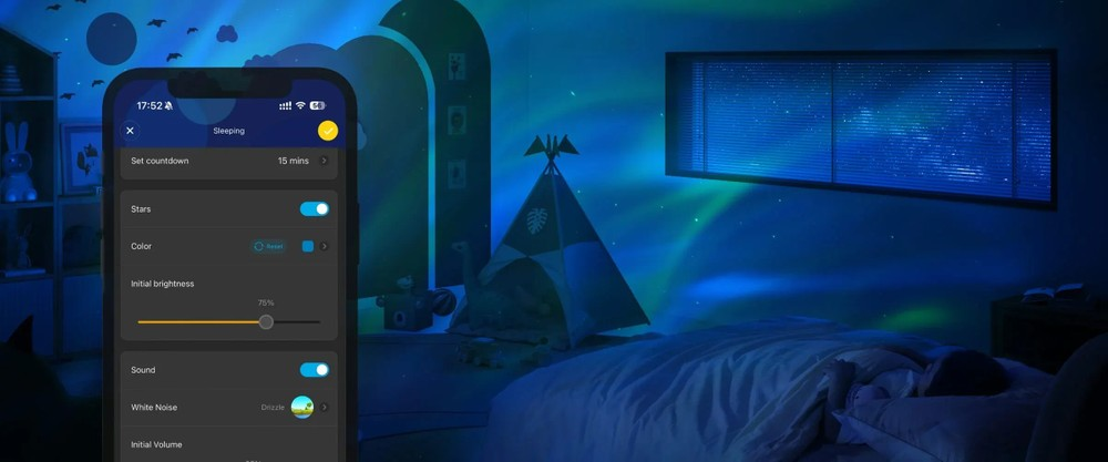 Ekran telefonu pokazujący kontrolki aplikacji do projekcji gwiaździstej nocy w sypialni.