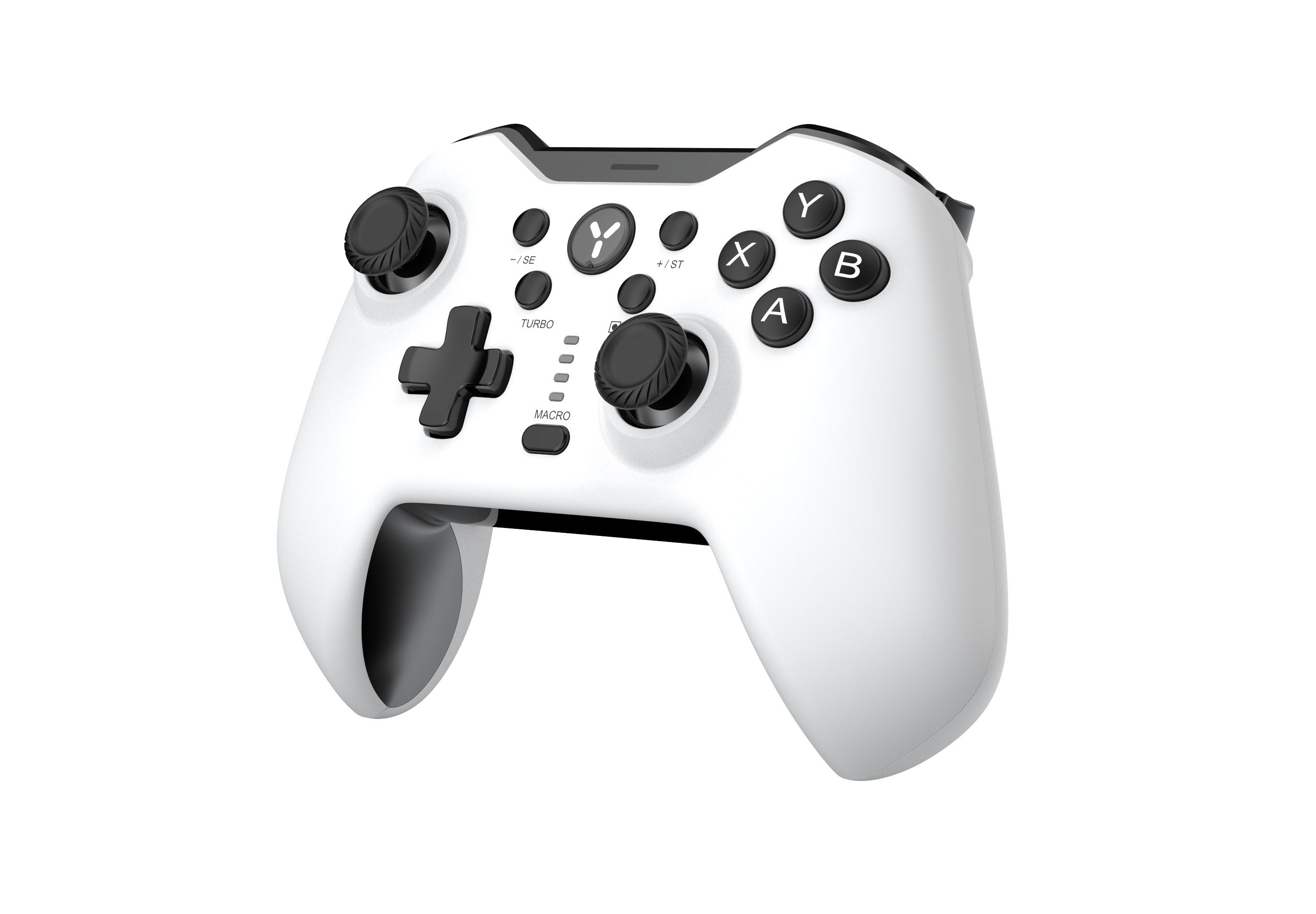 Weißer Gaming-Controller mit schwarzen Knöpfen und Joysticks, auf weißem Hintergrund.