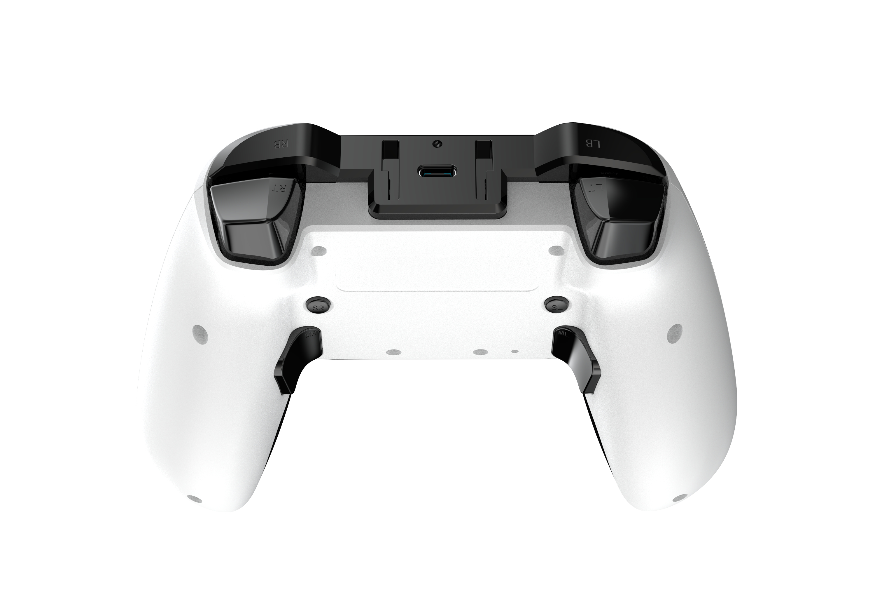 Rückansicht eines weißen Gamecontrollers. Knöpfe und Anschlüsse sind sichtbar.