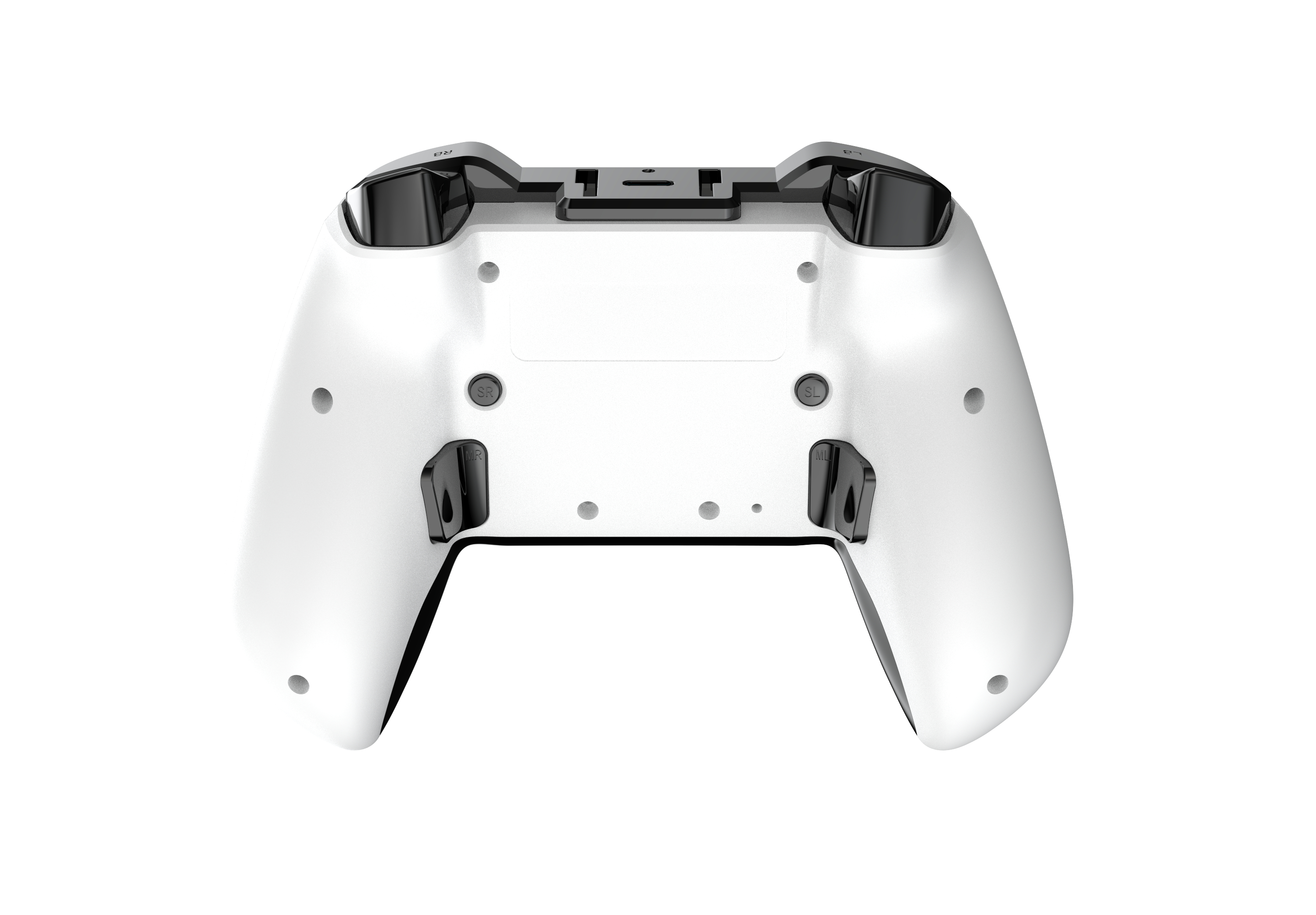 Rückansicht eines weißen Gamecontrollers, Knöpfe und ein USB-Anschluss sind sichtbar.