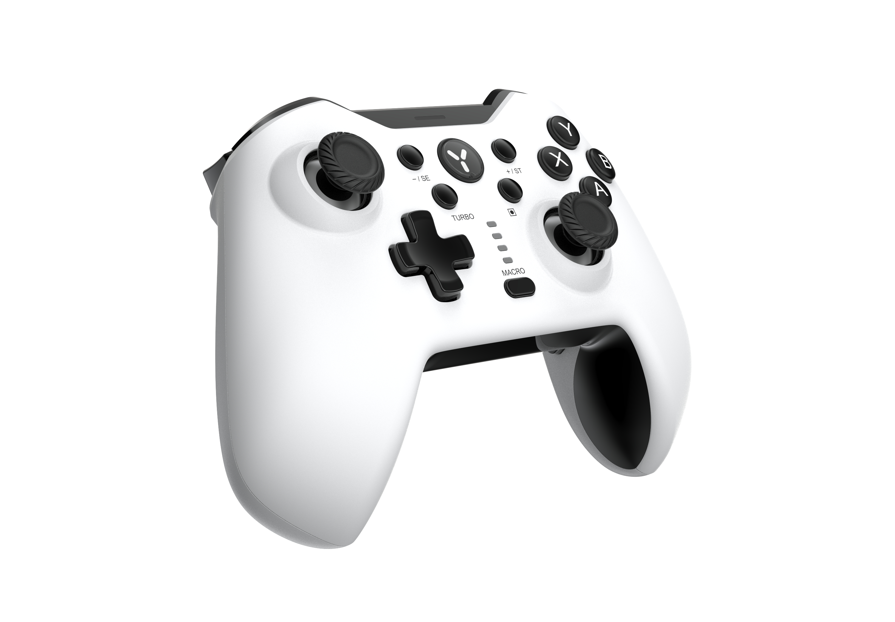 Ein weißer Gamecontroller mit schwarzen Knöpfen. Der Controller hat eine Turbo-Taste.