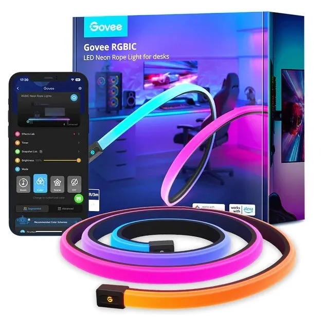 Neonowe światła linowe LED i telefon wyświetlający aplikację na białym tle.