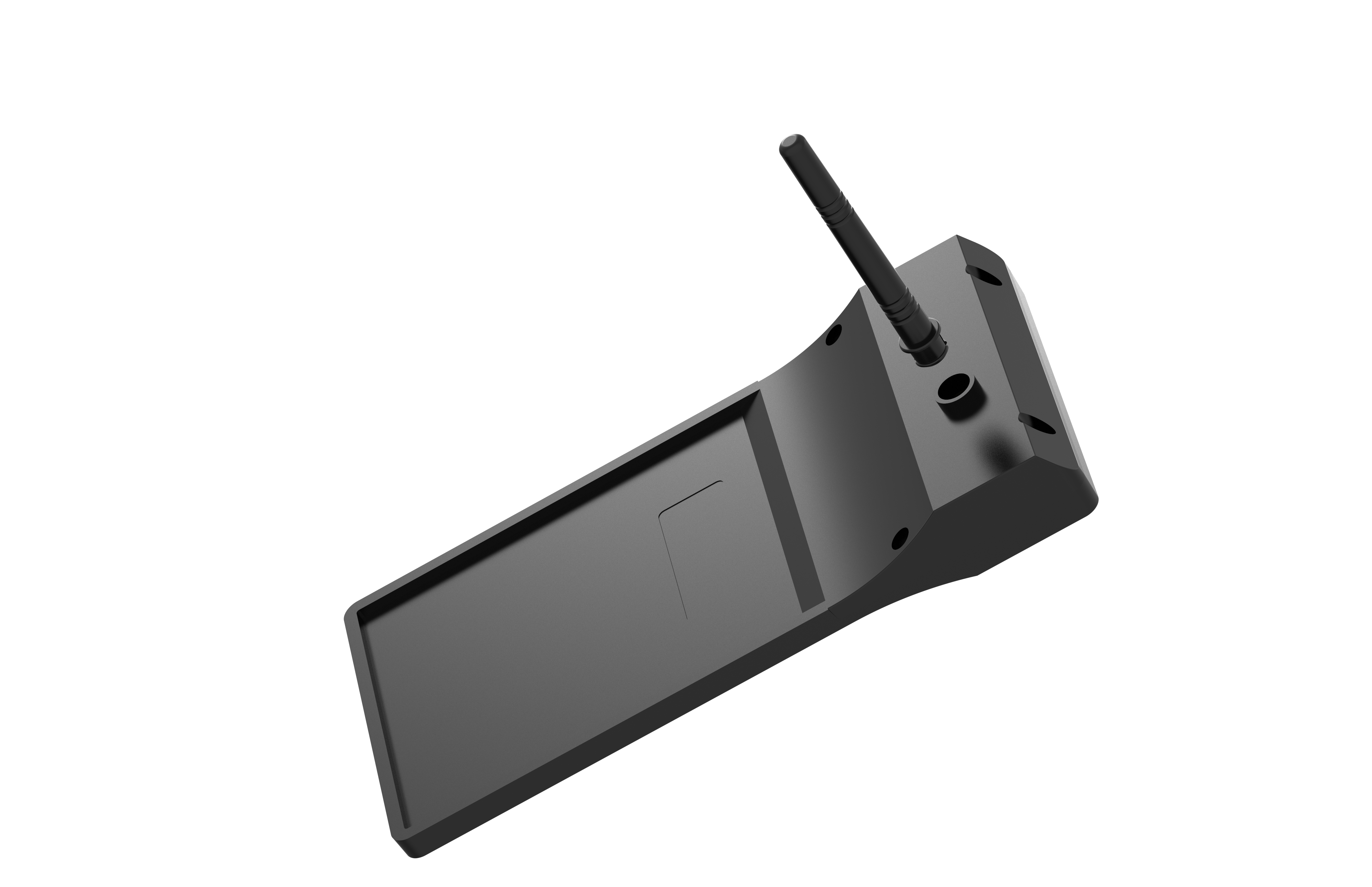Ein schwarzes, abgewinkeltes Gerät mit einer Antenne. Es hat einen Schlitz und liegt auf weißem Hintergrund, von oben betrachtet.