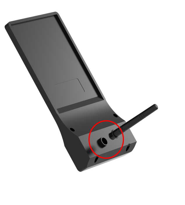 Schwarze Basis mit Loch für eine Antenne. Roter Kreis markiert den Antennenanschluss.