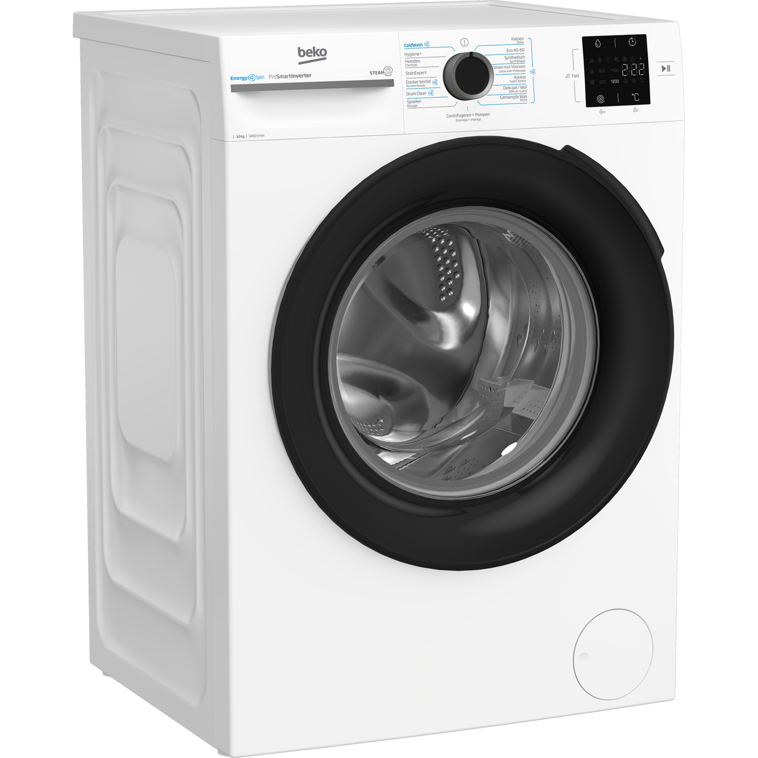 A white washing machine with a black door and a control panel.