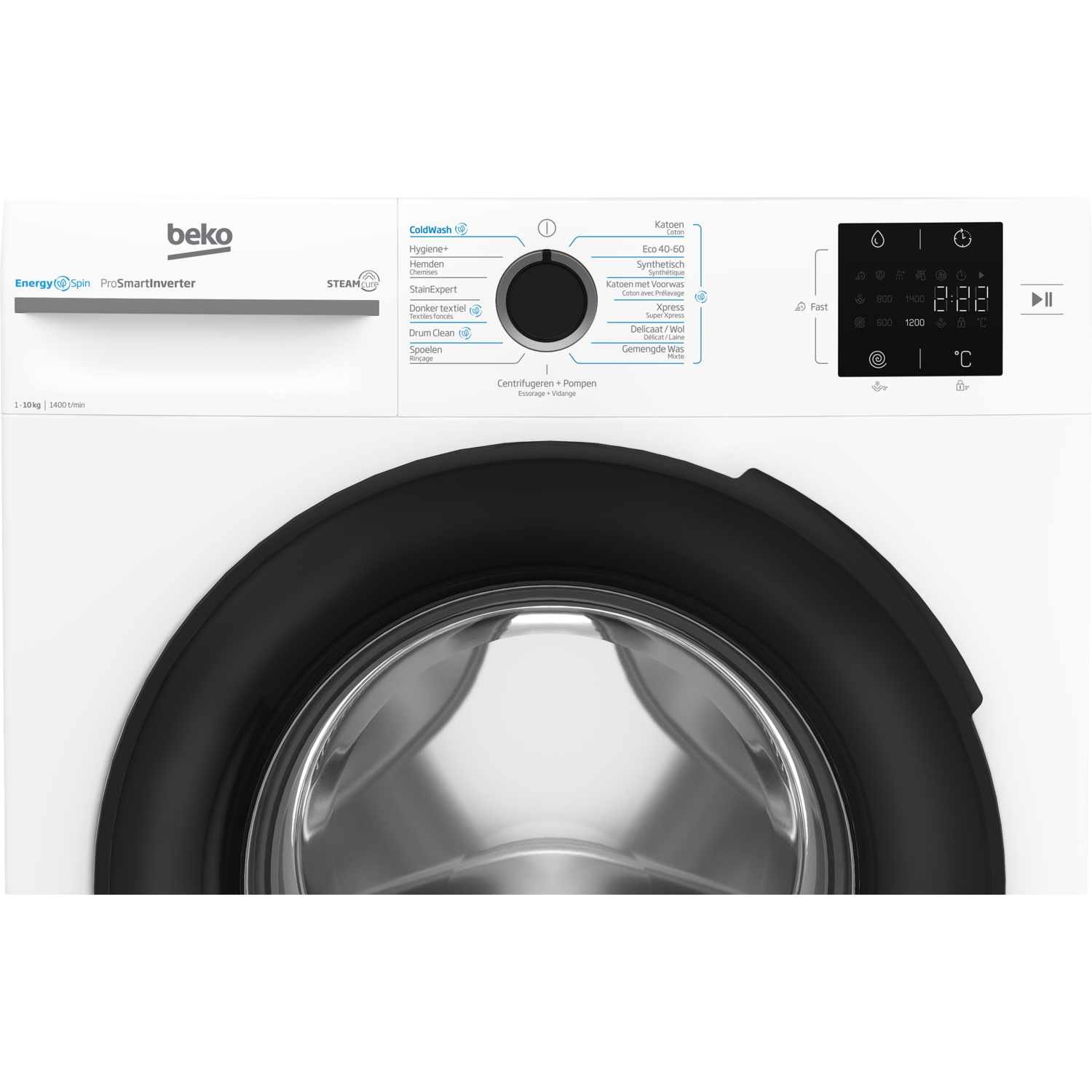 Close-up of a washing machine with a black door and control panel. The brand is beko.