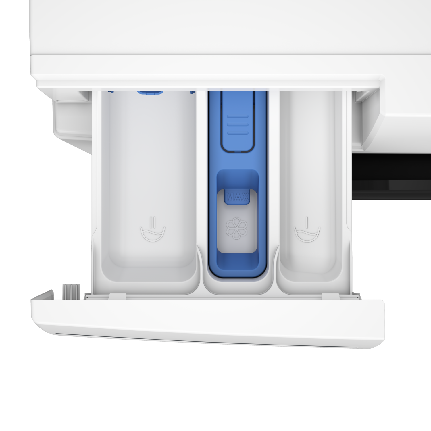 White washing machine detergent drawer, blue softener section, three compartments.