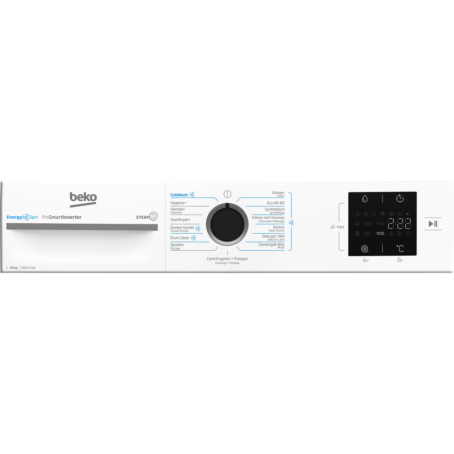 Washing machine control panel. A black dial, display screen, and various program buttons.