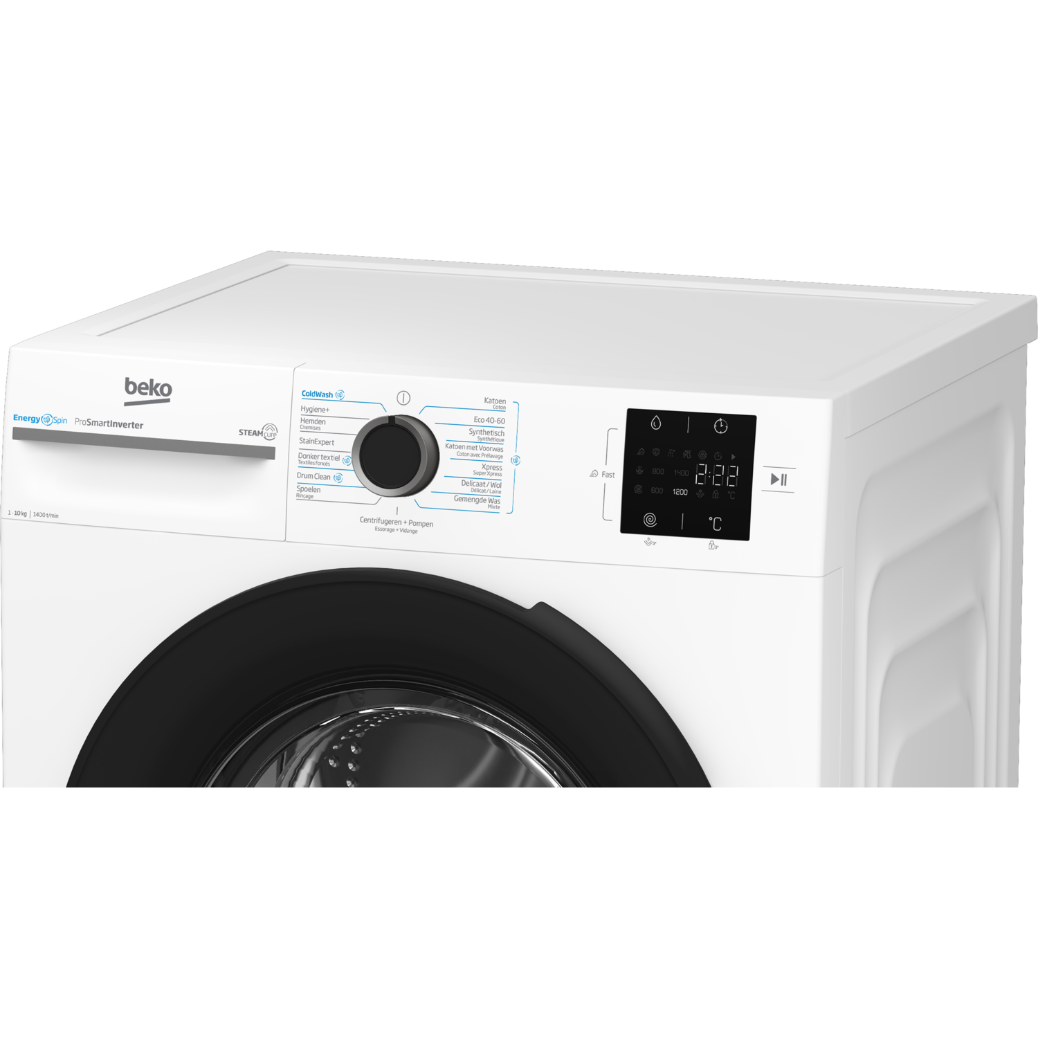 White washing machine, control panel, digital display showing time and settings.