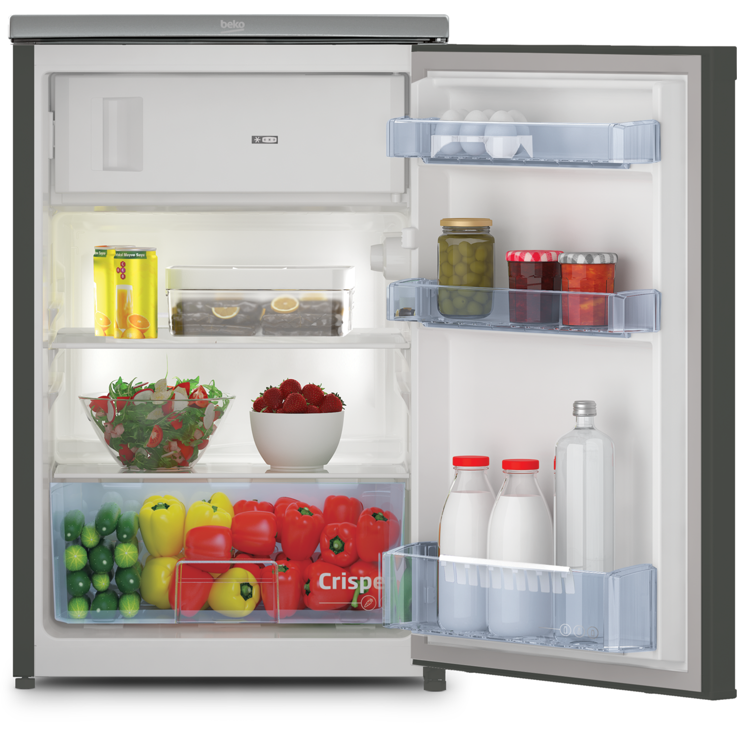Small refrigerator with an open door, showing shelves and food.