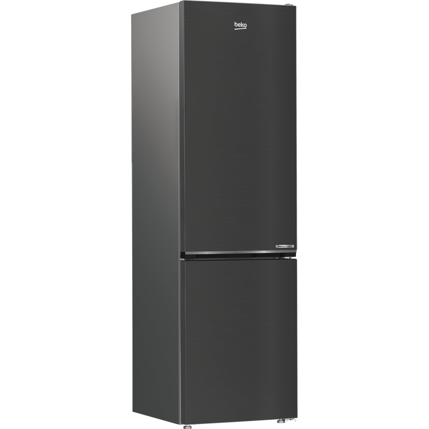 Black beko refrigerator, two doors, silver handle, dark background.