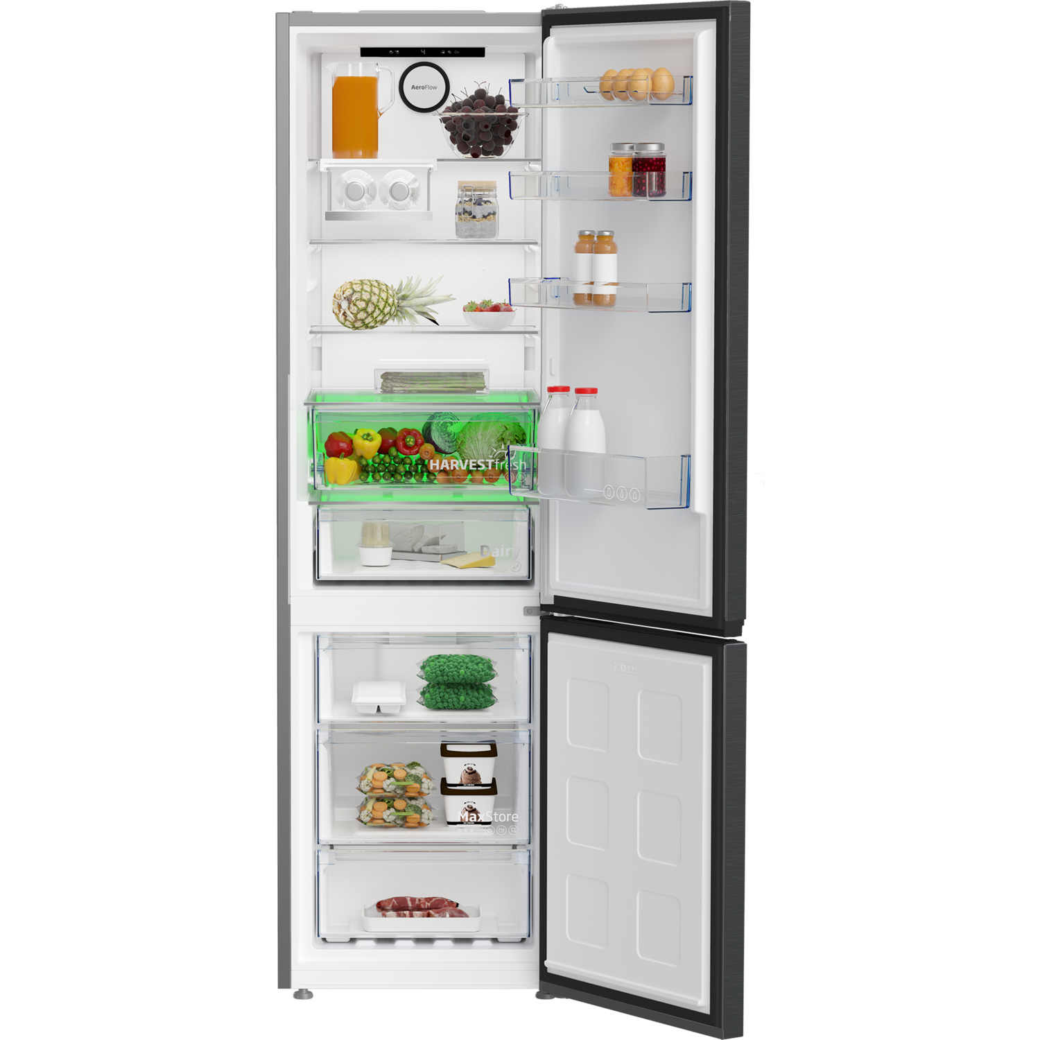 A refrigerator with the door open, filled with food items and transparent shelves. Black exterior.