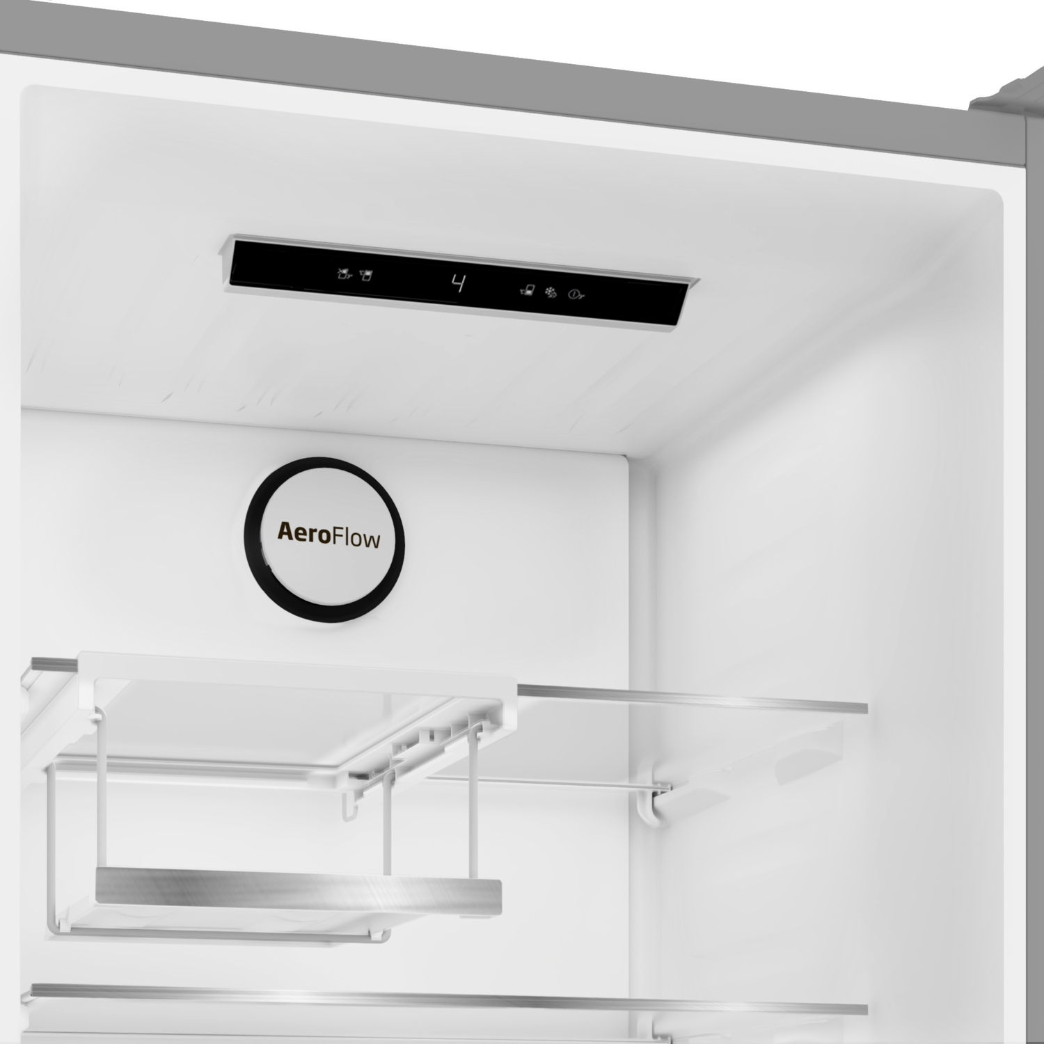 Inside a fridge: shelves, control panel with number 4, and AeroFlow logo. White interior.
