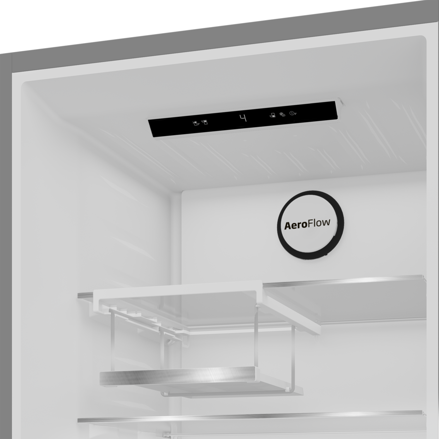 Interior of a refrigerator, showing shelves and a control panel at the top.