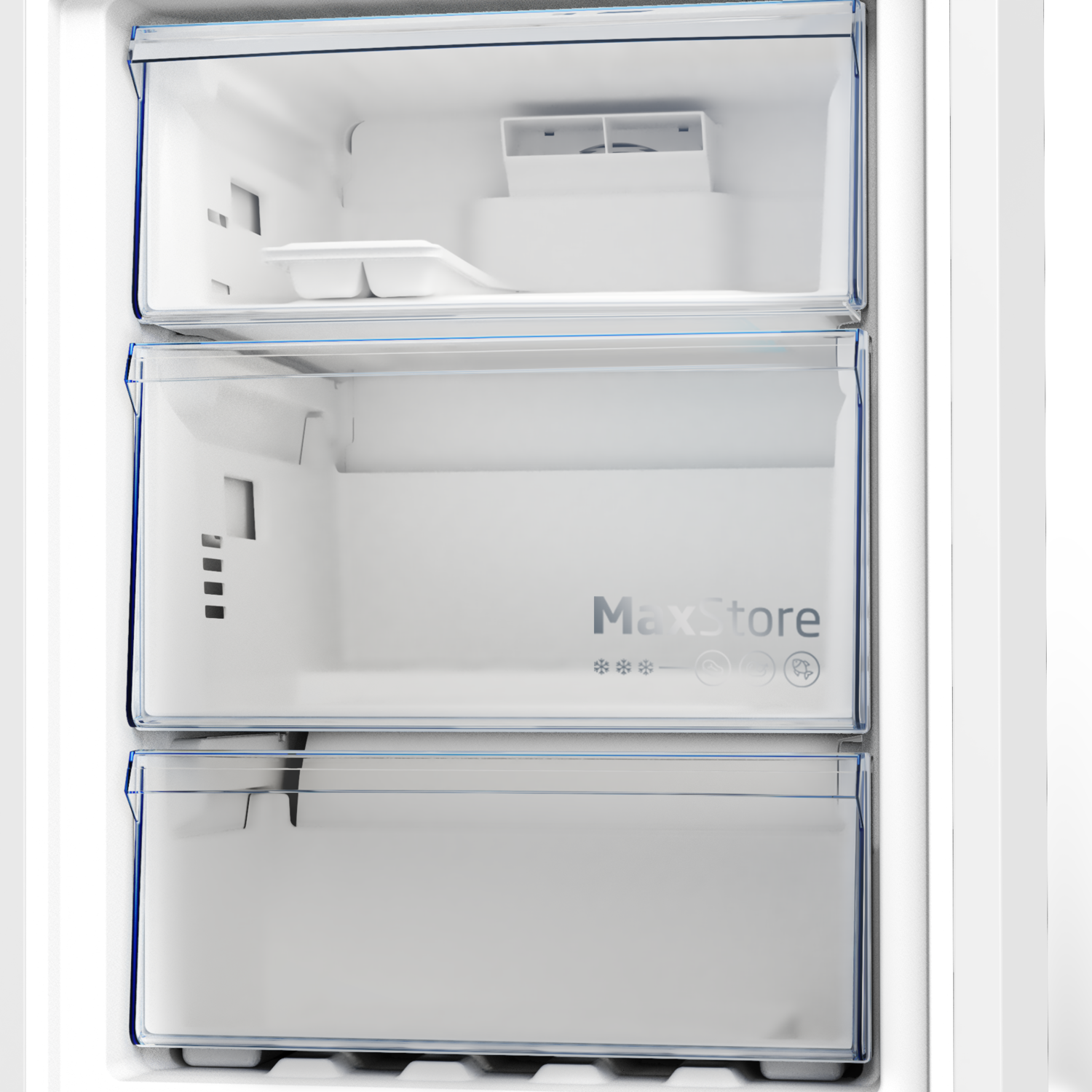 Close-up of freezer drawers, labeled MaxStore. Transparent drawers inside.