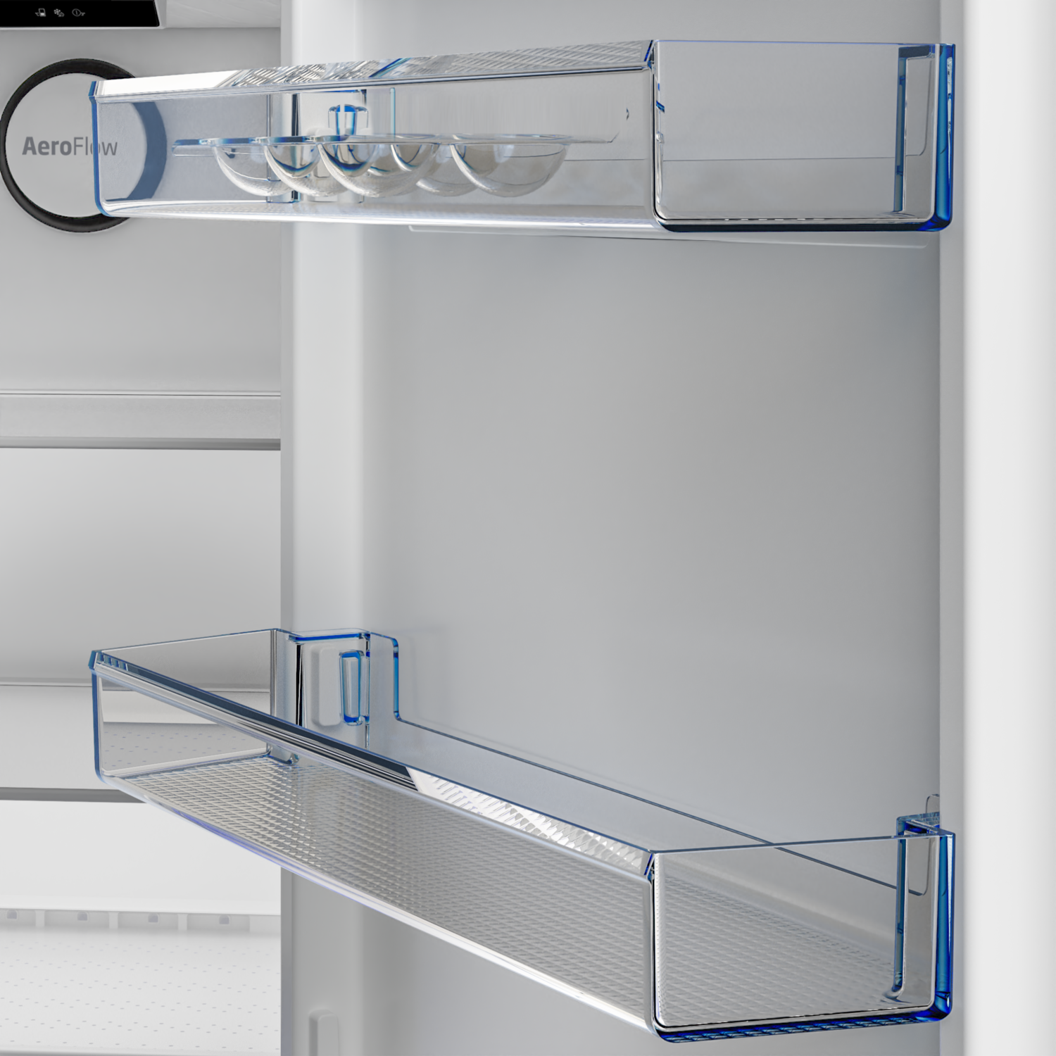 Refrigerator interior with two clear, rectangular shelves and a circular AeroFlow vent.