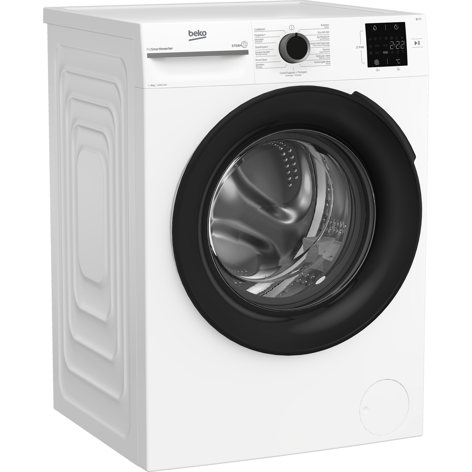 White washing machine with a black door and control panel. A Beko appliance.
