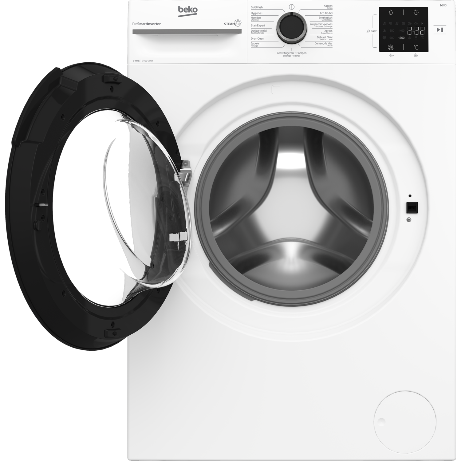 A white washing machine with the door open.