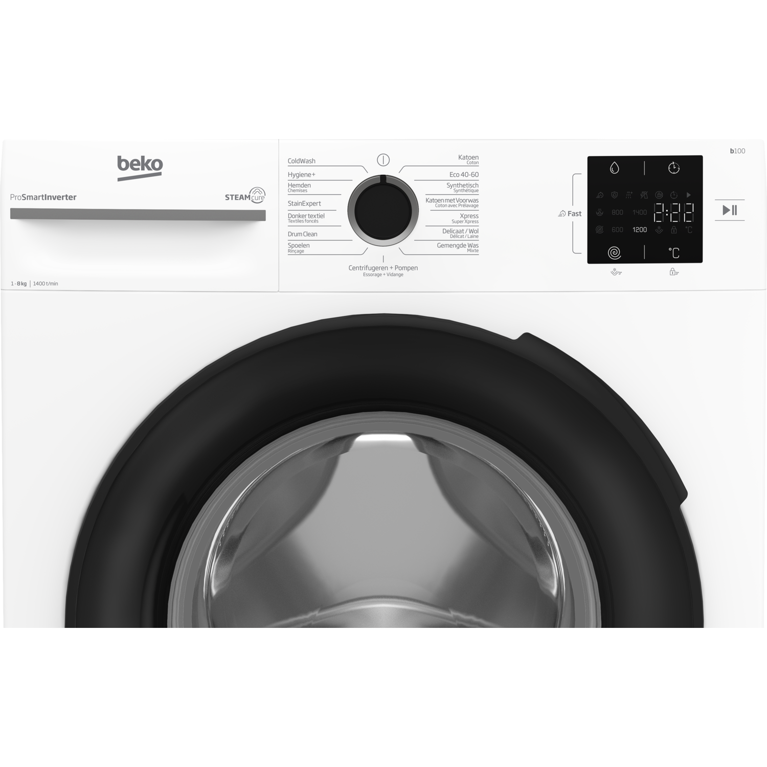 White washing machine control panel, digital display, black door frame.