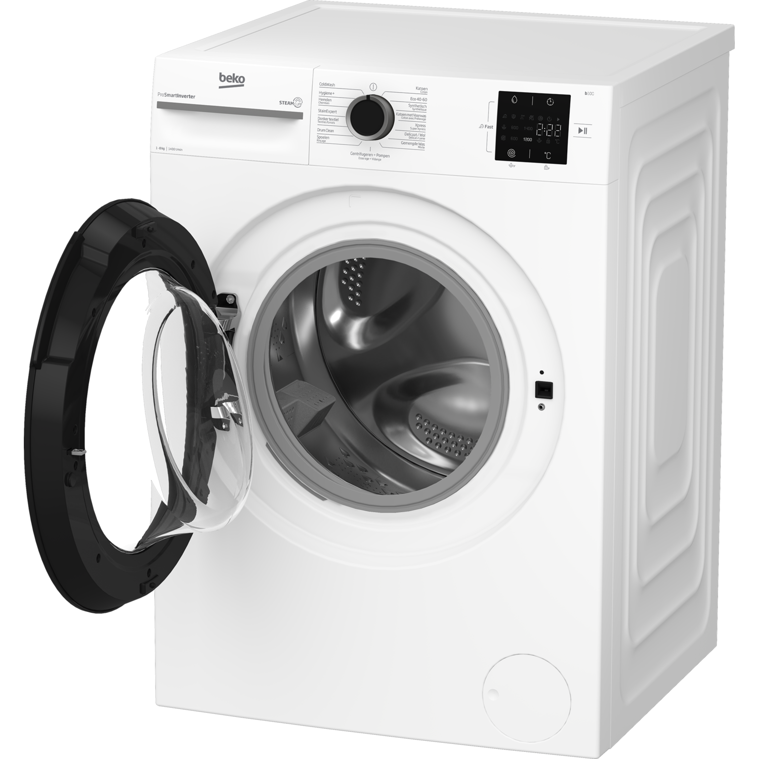 White washing machine with door open, showing the inside.