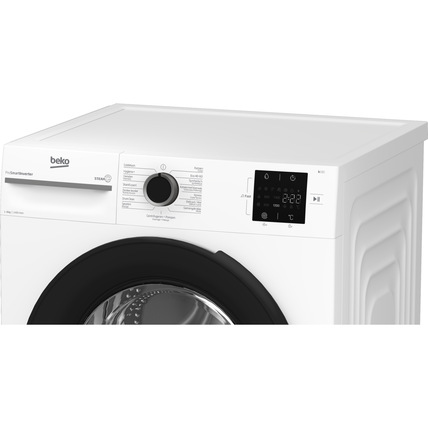 White washing machine control panel with a digital display.