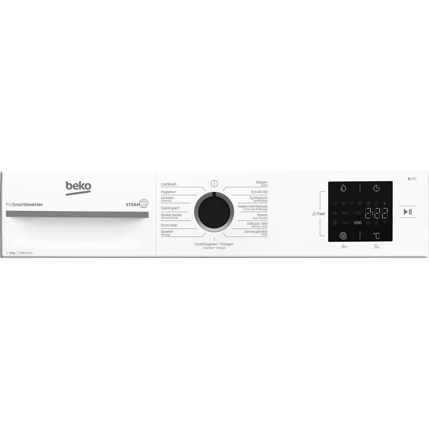 Washing machine control panel. Displays various settings, including wash cycles and temperatures.