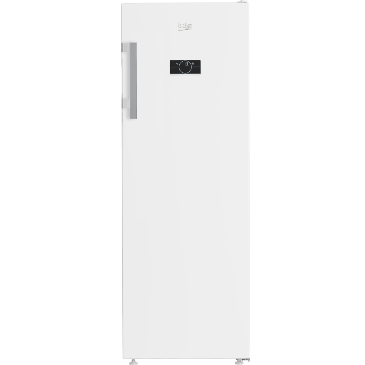Witte Beko koelkast. Zilveren handvat. Digitaal display op de deur. Zwarte achtergrond.