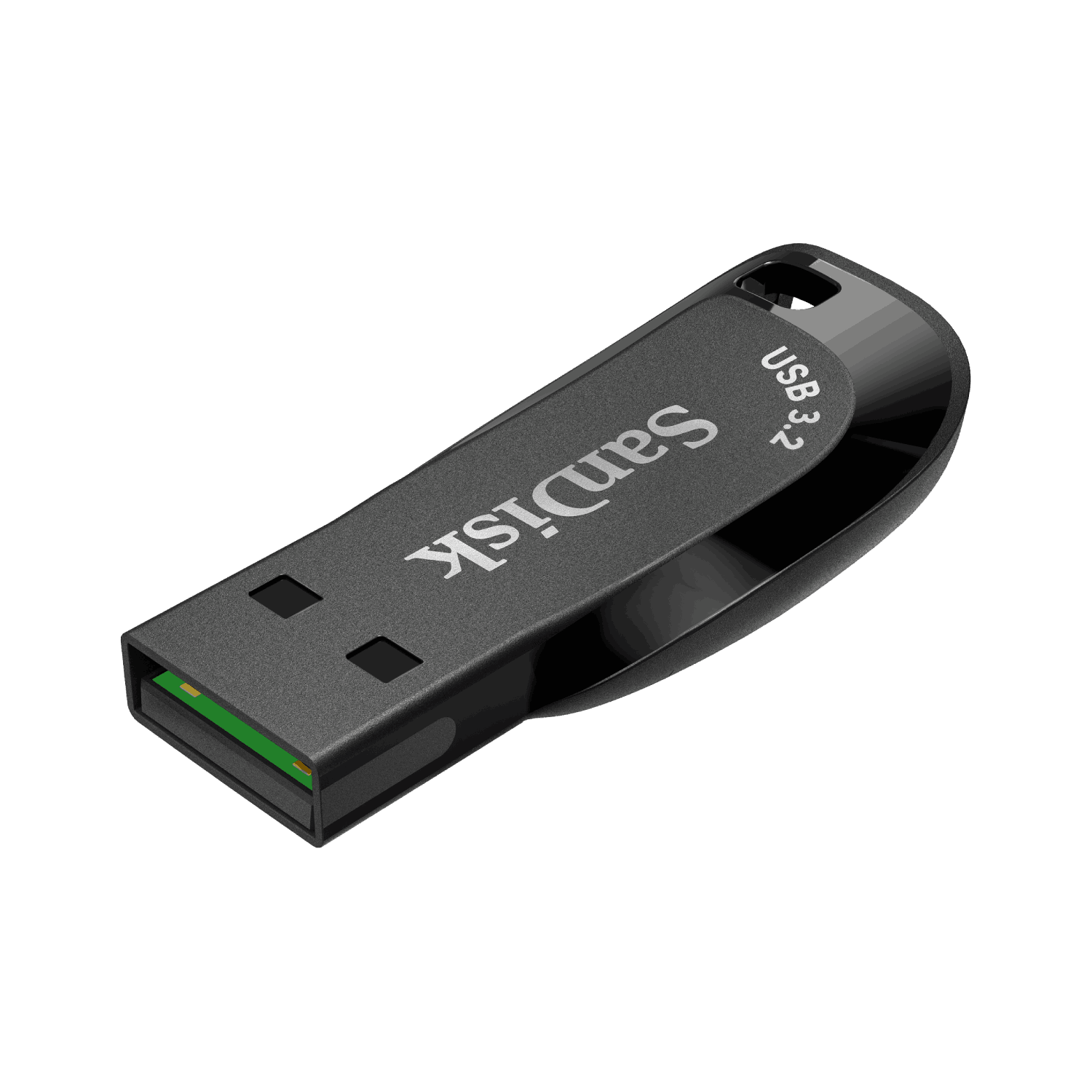Unidad USB SanDisk negra sobre fondo blanco, en ángulo.