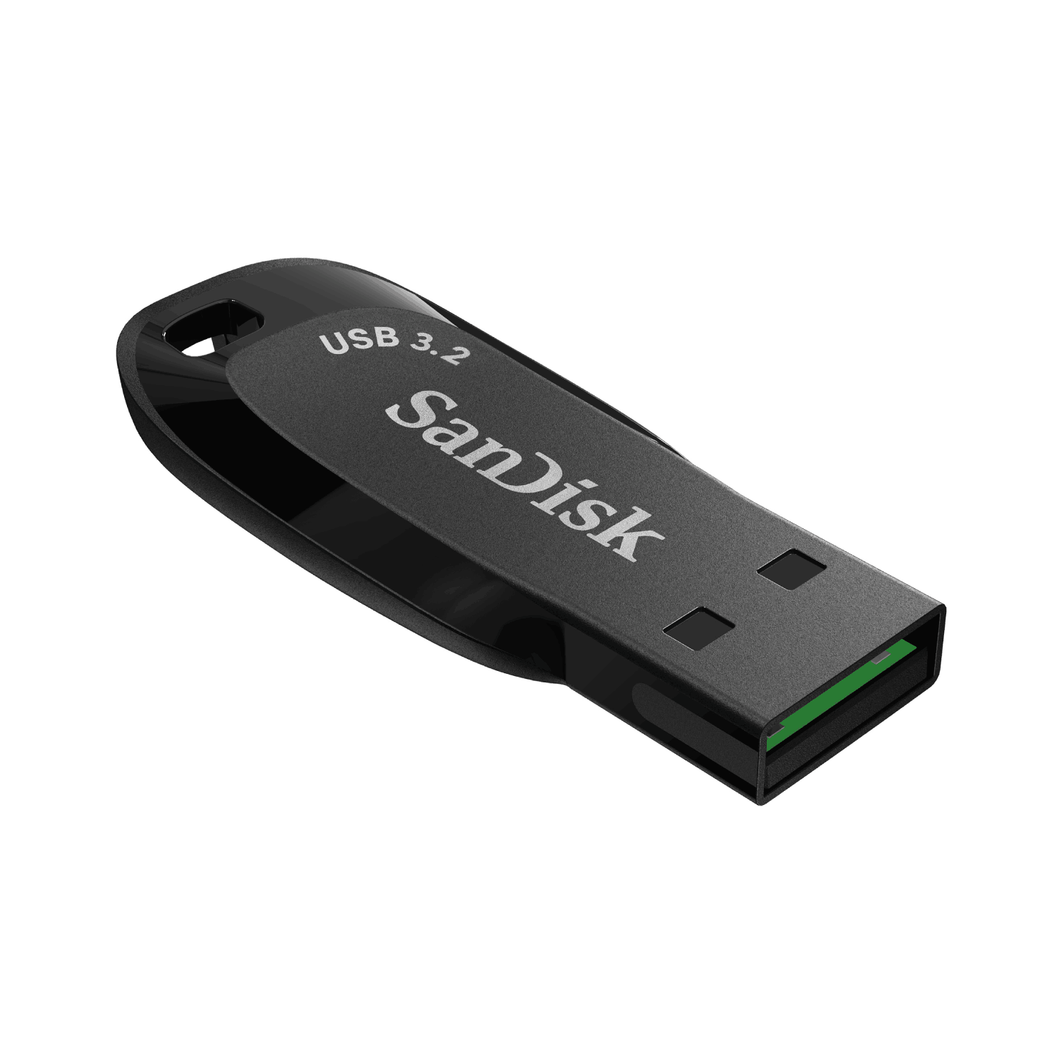 Una unidad USB negra y plateada. Tiene la palabra 'SanDisk' y 'USB 3.2' impresas. Conector verde visible.