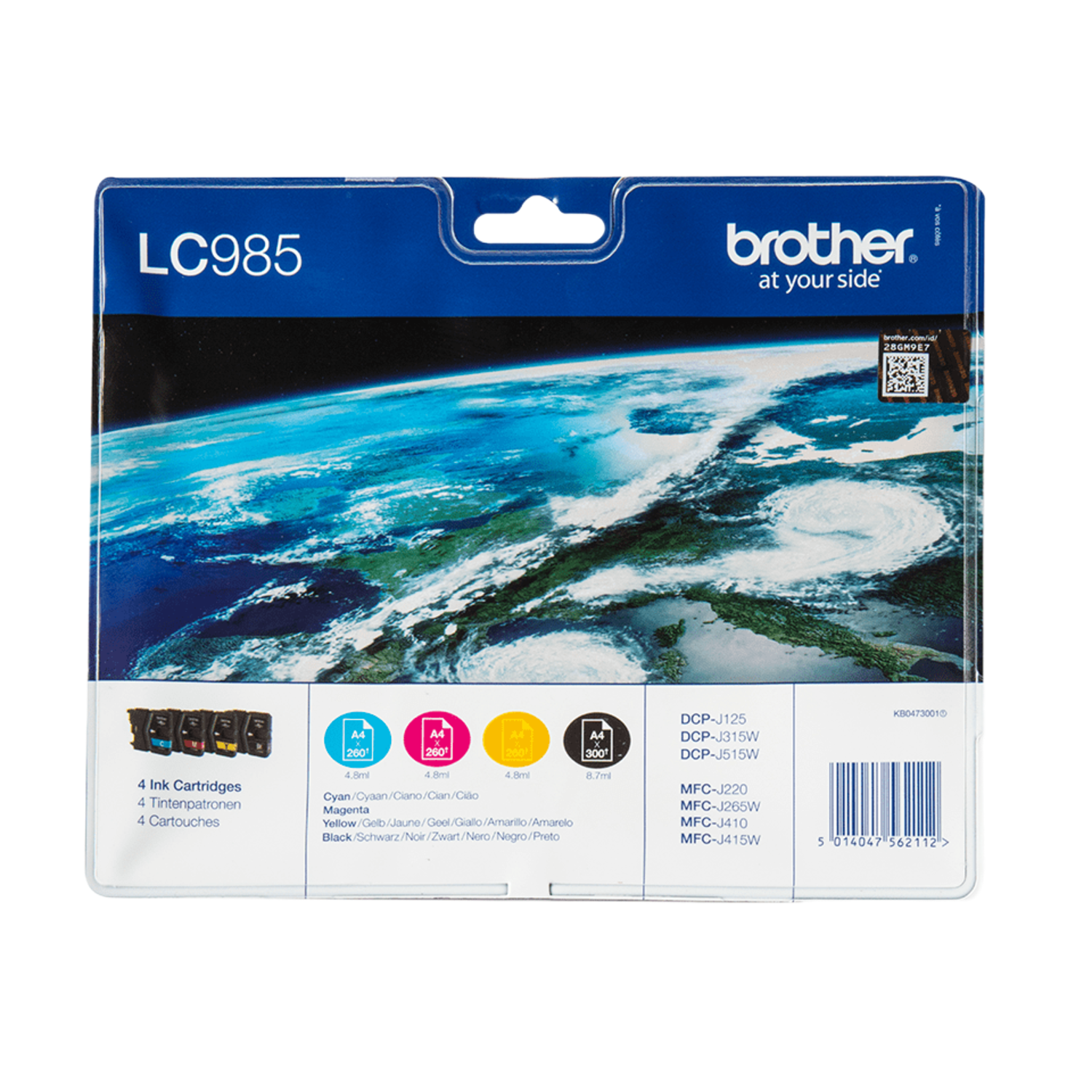 Brother LC985 inktcartridge pack met cyaan, magenta, geel en zwarte cartridges.