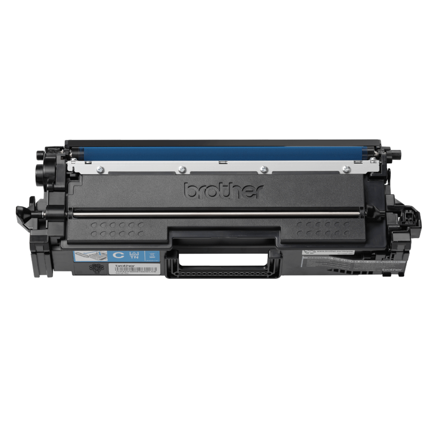 Zwarte Brother printertonercartridge met blauwe interne rol.