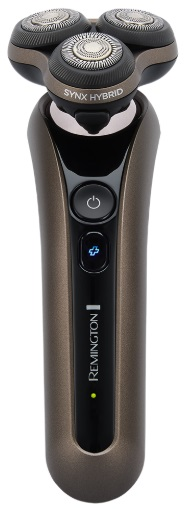 Elektryczna golarka Remington z trzema głowicami i brązowym uchwytem.