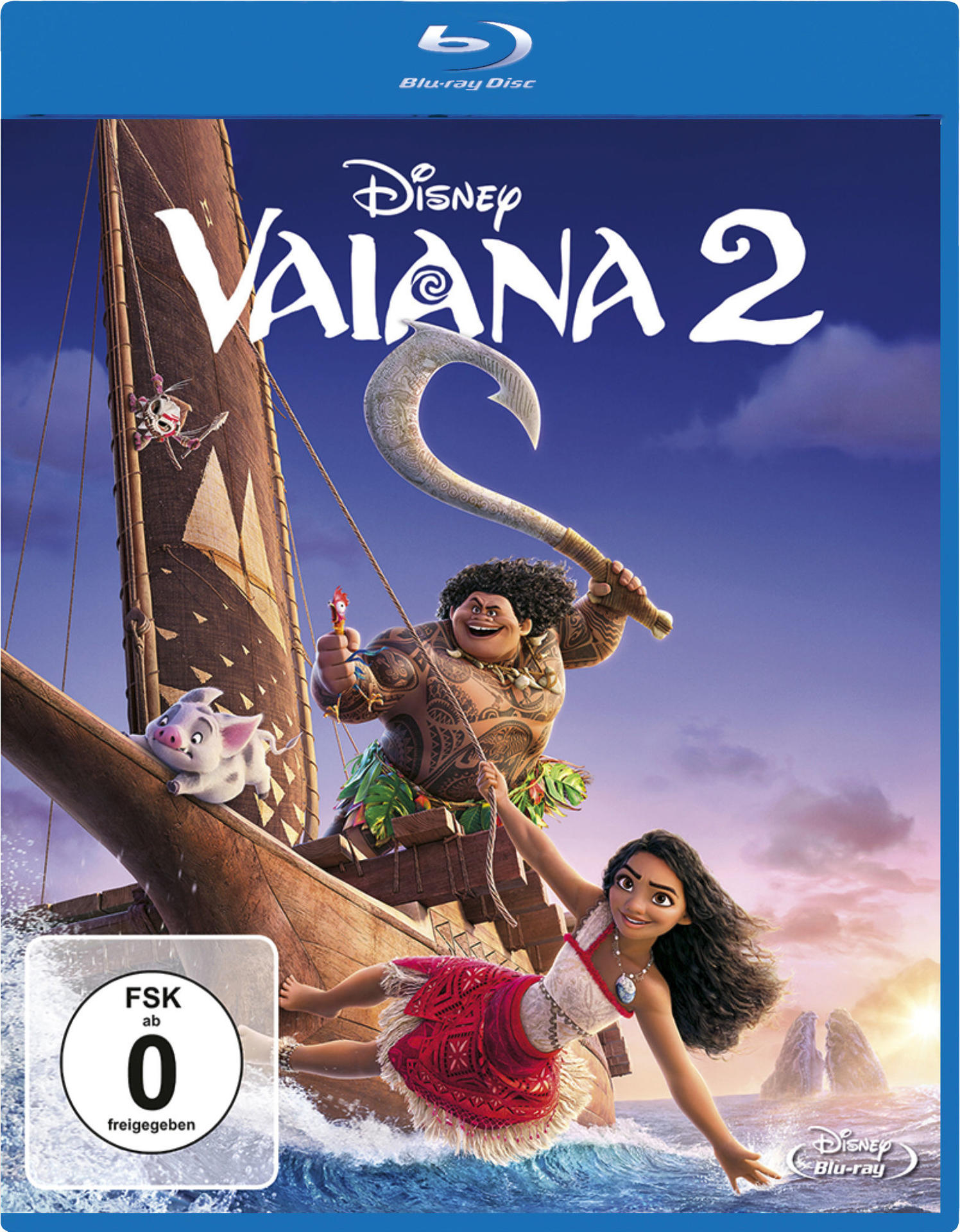 Filmcover von Vaiana 2. Charaktere auf einem Boot, blauer Himmel im Hintergrund.