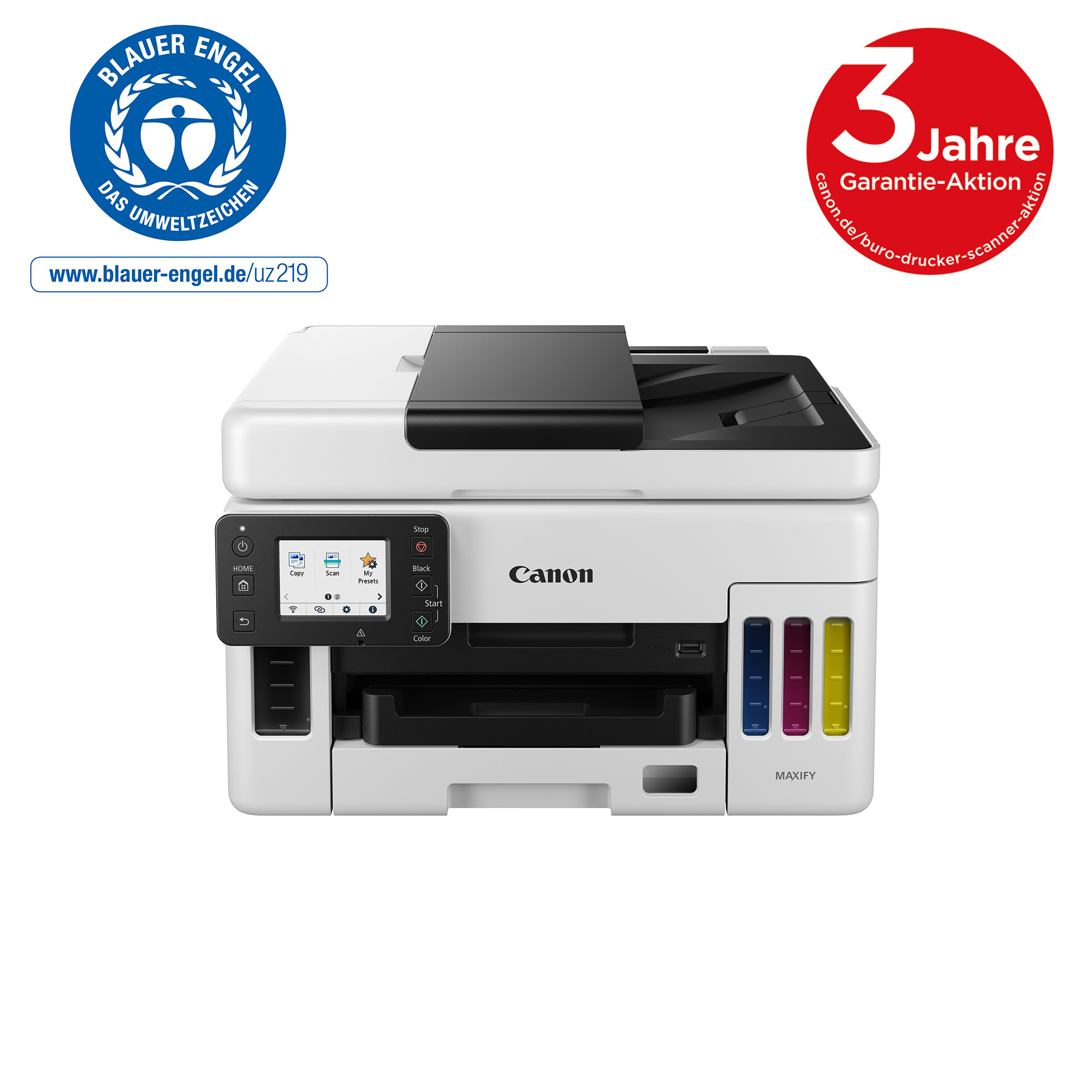 Weißer Canon-Drucker mit Logos und Symbolen. Weißer Hintergrund.