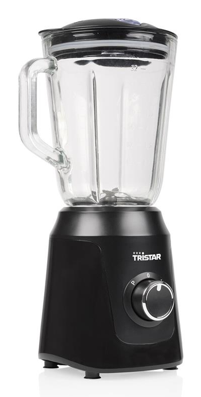 Ein schwarzer Mixer mit einem Glasbehälter auf weißem Hintergrund.