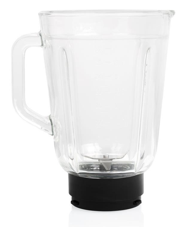 Ein klarer Mixerbehälter mit schwarzem Sockel und Griff, vor weißem Hintergrund.