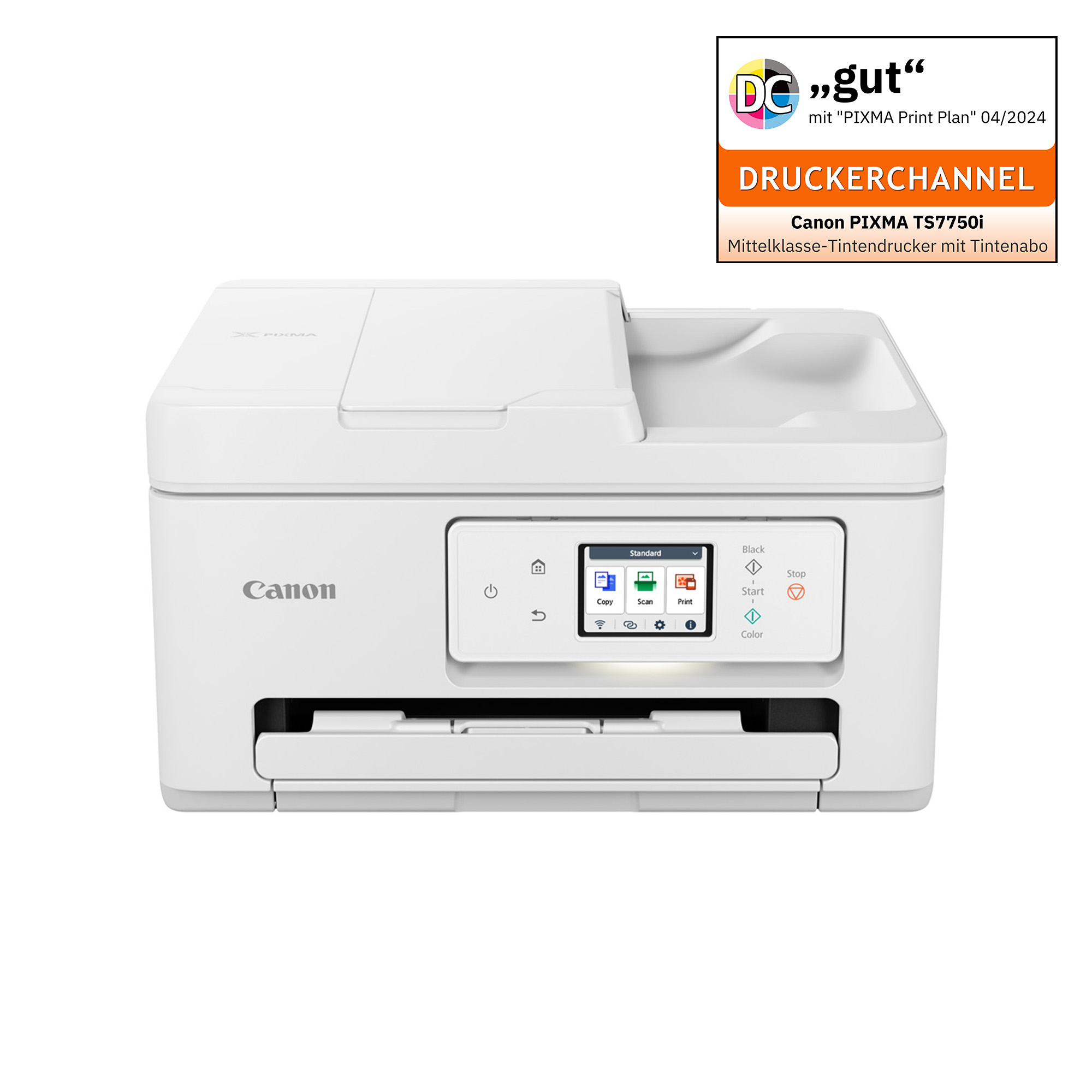 Weißer Canon-Drucker mit Bildschirm, Knöpfen und Bewertung von 'Druckerchannel'.