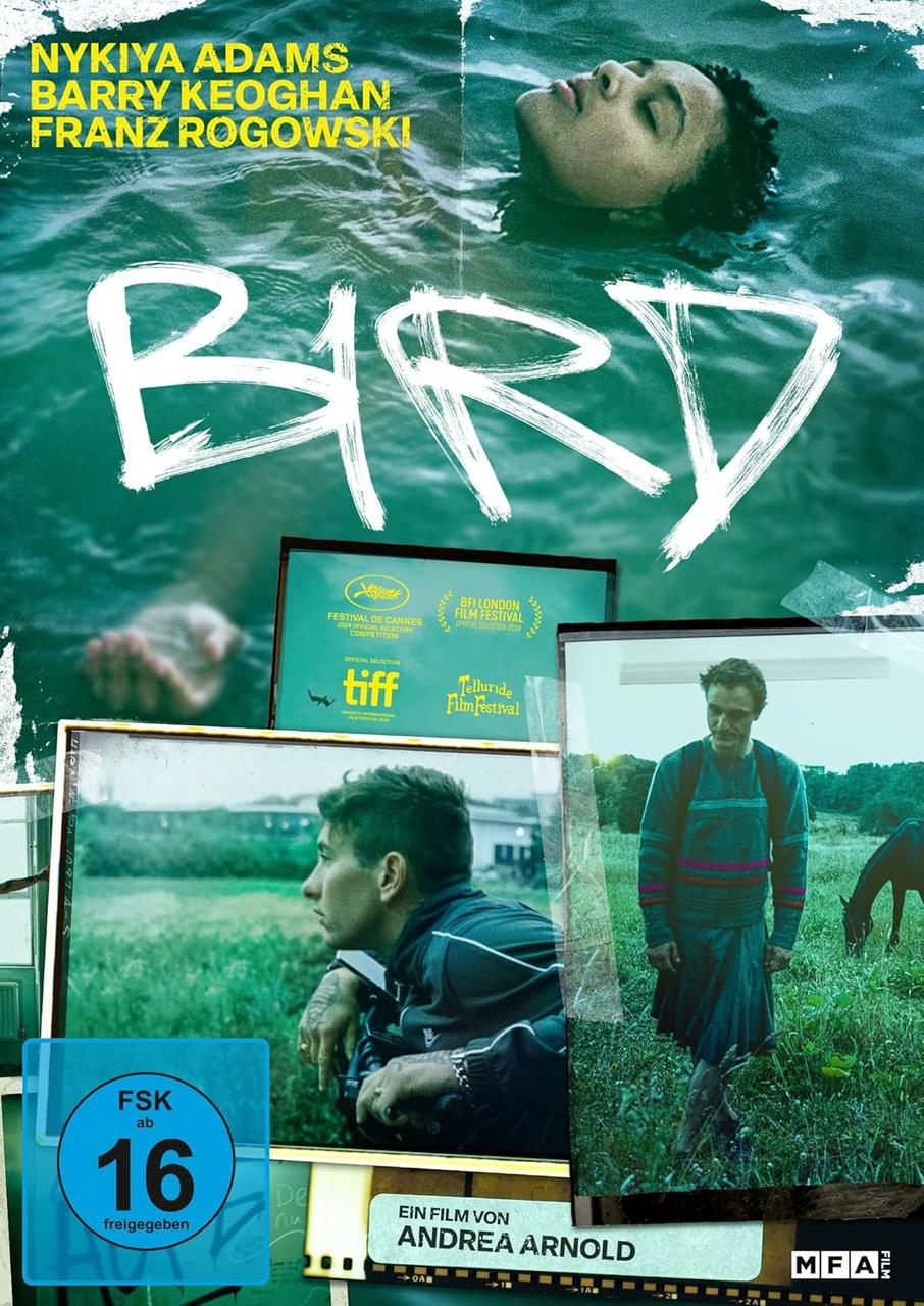 Filmposter mit Schauspielern im Wasser, Text 'BIRD' und Filmfestivallogos.
