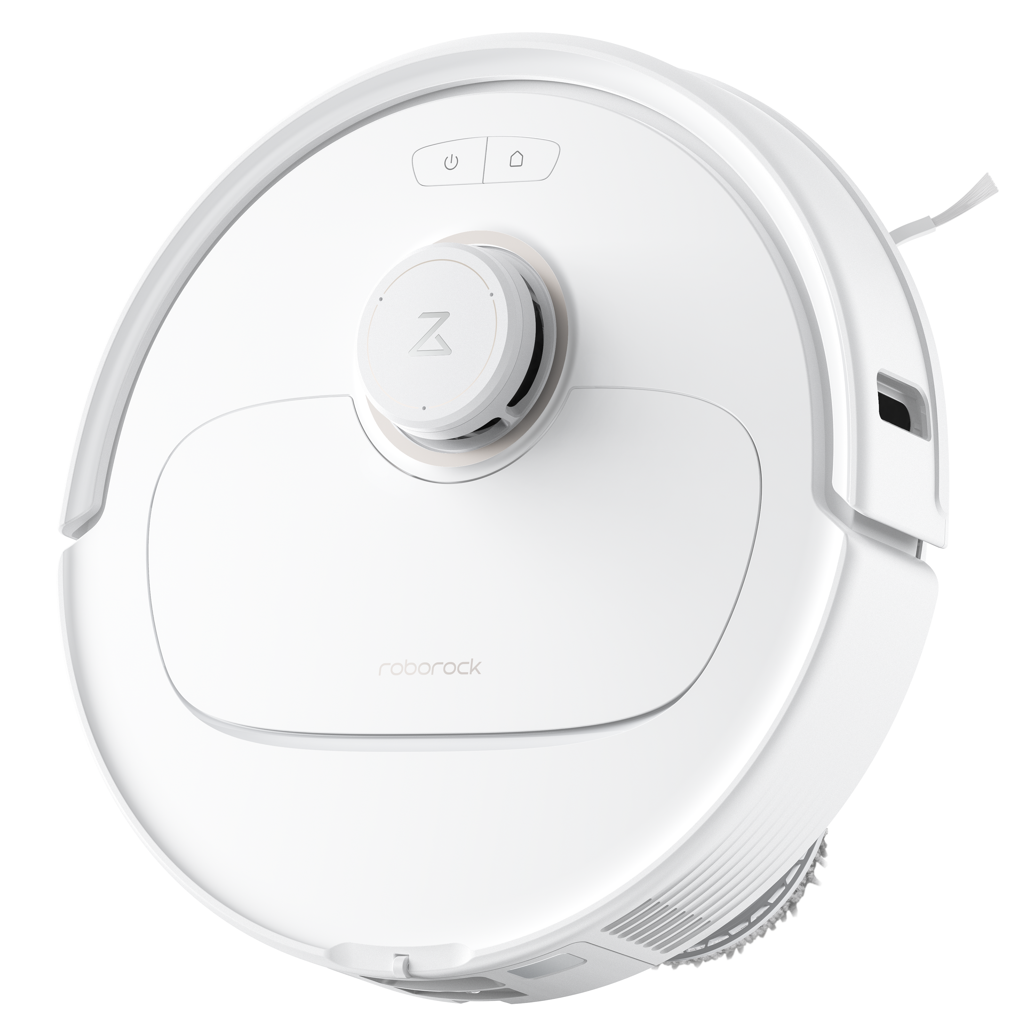 Weißer Roboter-Staubsauger mit zentralem rundem Sensor und Logo.