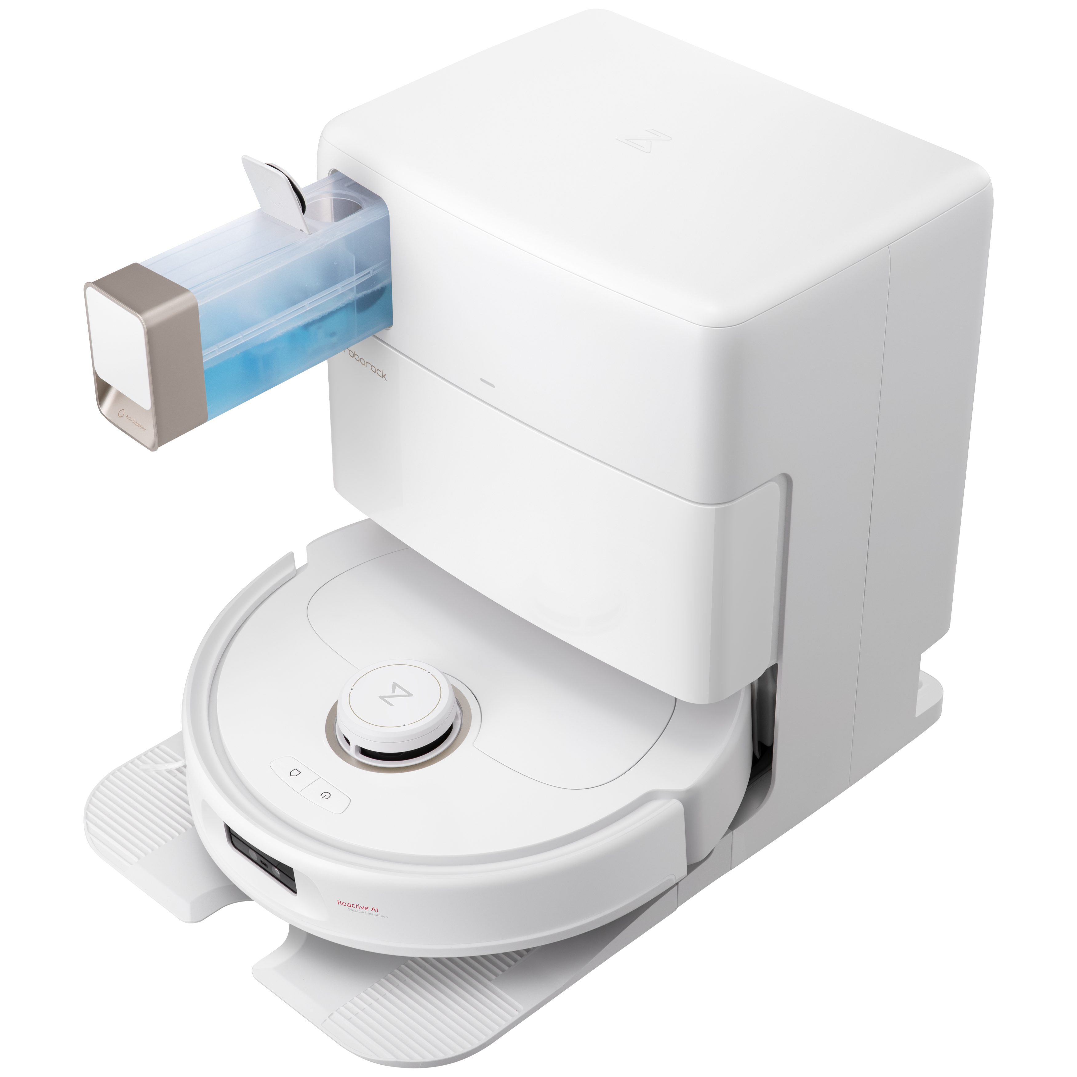 Weißer Roboter-Staubsauger mit Reinigungsstation, blauem Flüssigkeitsbehälter an der Seite.