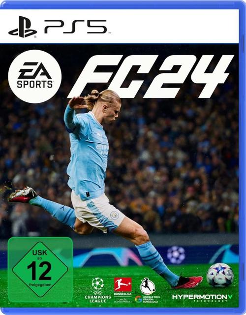 FC24-Spielcover mit Fußballspieler beim Balltreten. Grüner und blauer Hintergrund.