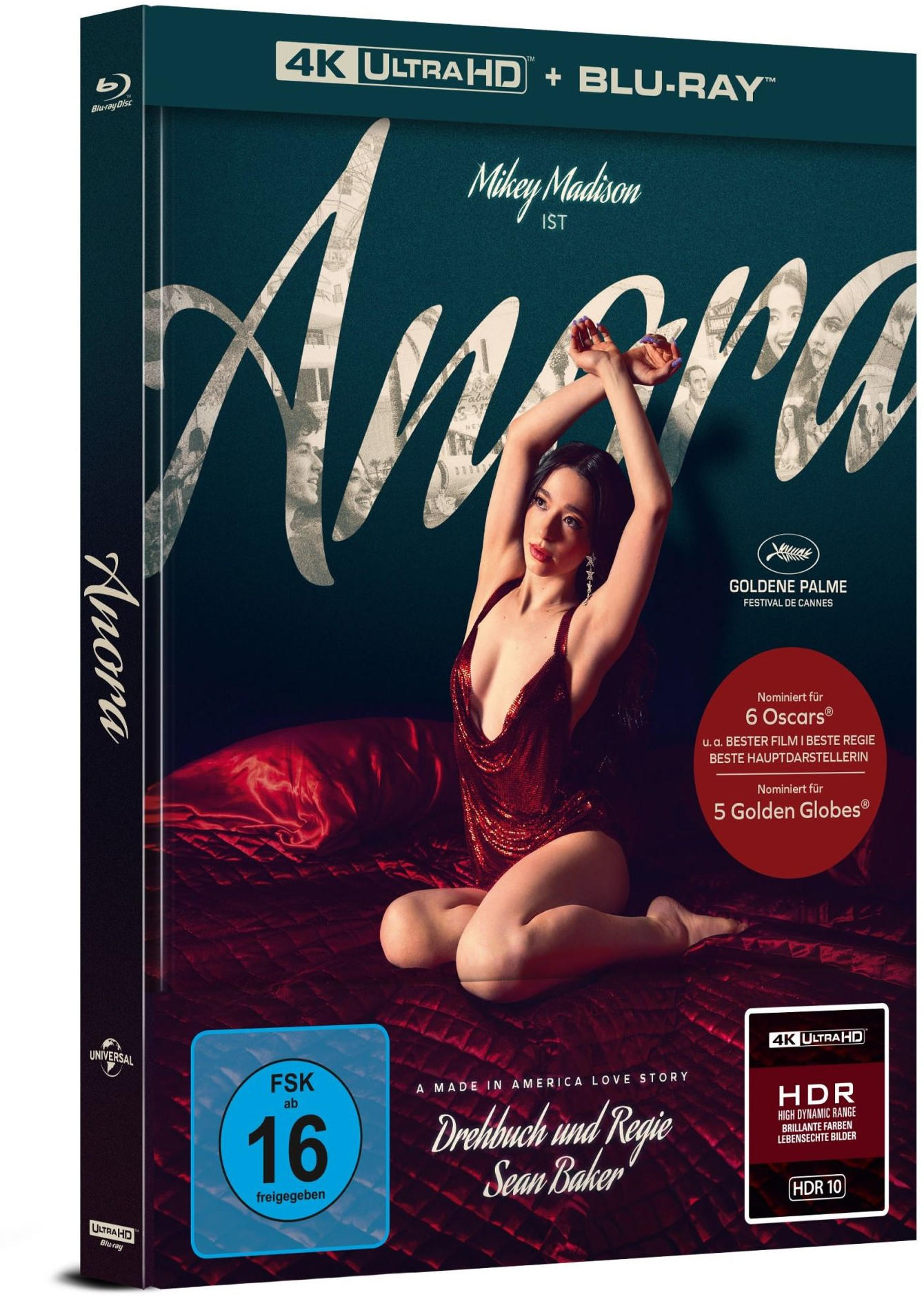 Blu-ray-Cover für den Film „Anora“. Eine Frau in rotem Kleid sitzt auf einem Bett. Text beinhaltet Schauspieler und Auszeichnungen.