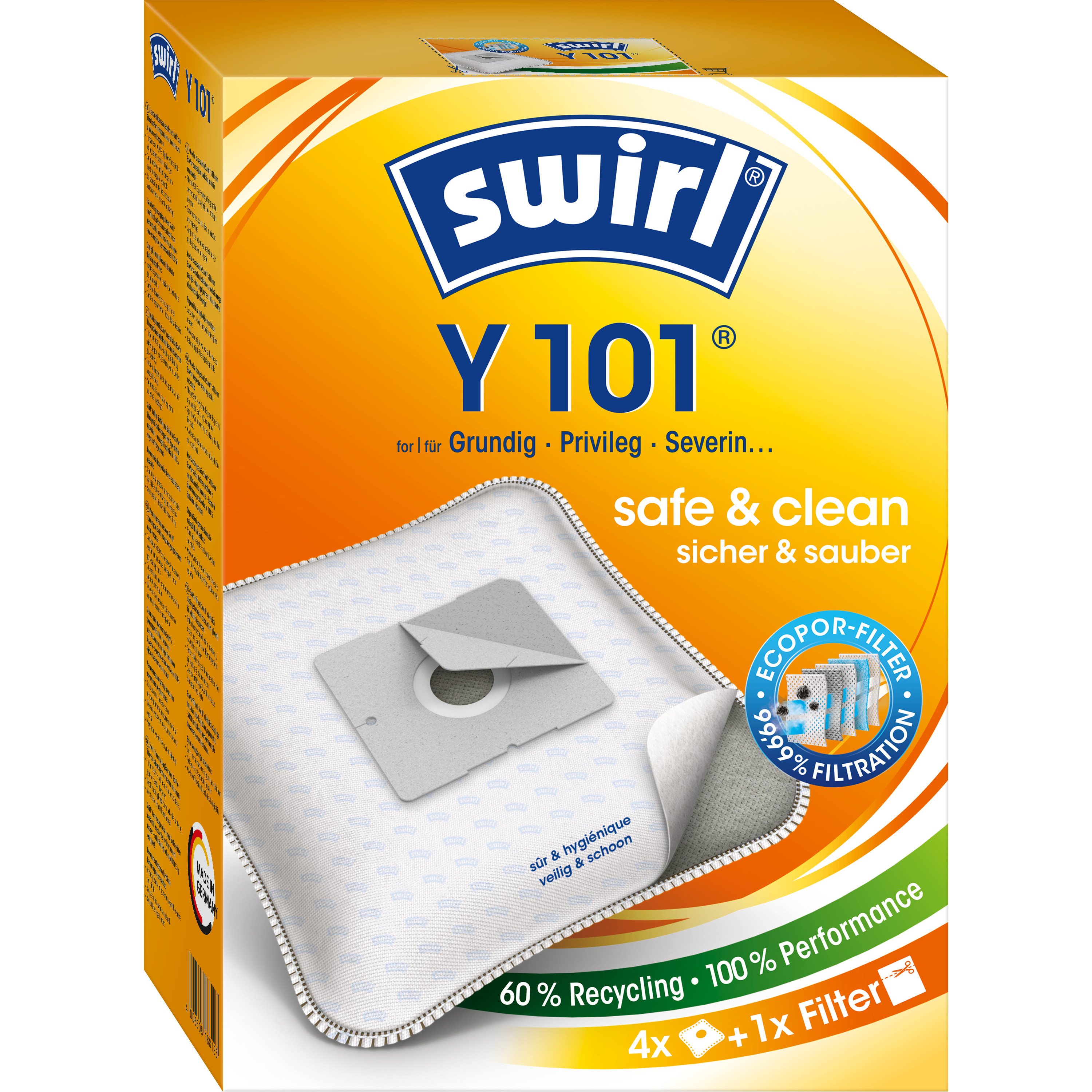 Box mit Swirl Y 101 Staubsaugerbeuteln, mit Filtergrafik.