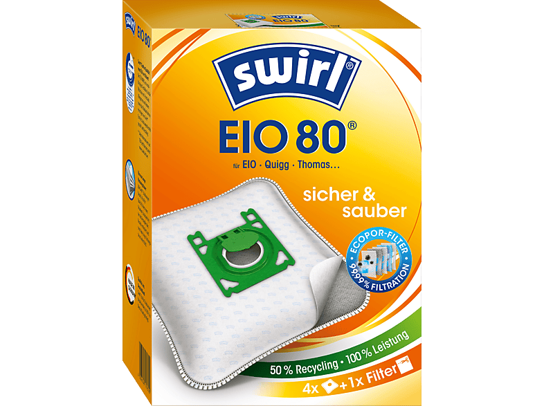 Swirl EIO 80 Staubsaugerbeutel + 1 Filter 4 Stück, passend für: EIO, Koenic, Quigg