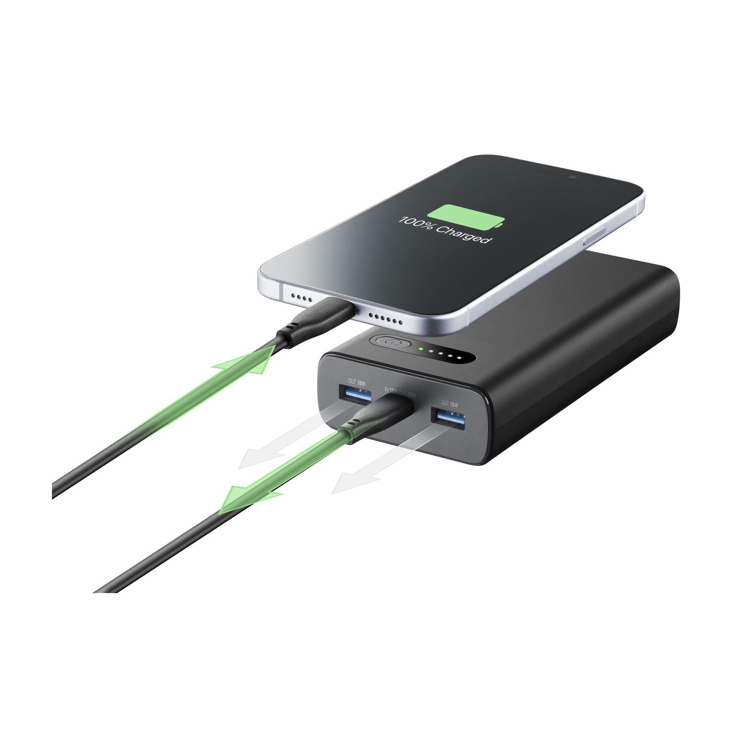 Telefon lädt von einer schwarzen Powerbank mit grünen Ladesymbolen.