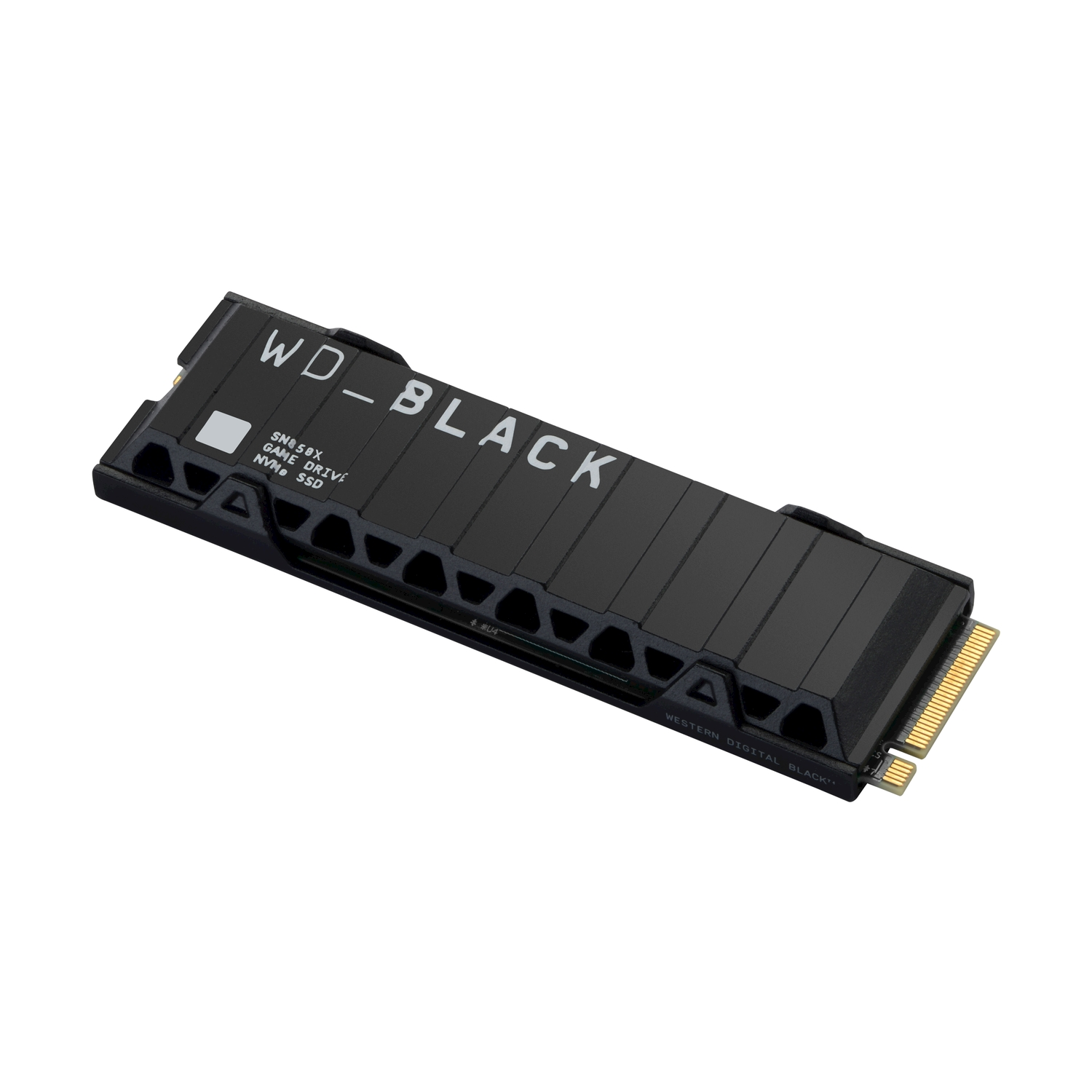Unità SSD nera. Testo bianco su superficie nera. Connettori metallici sul bordo.